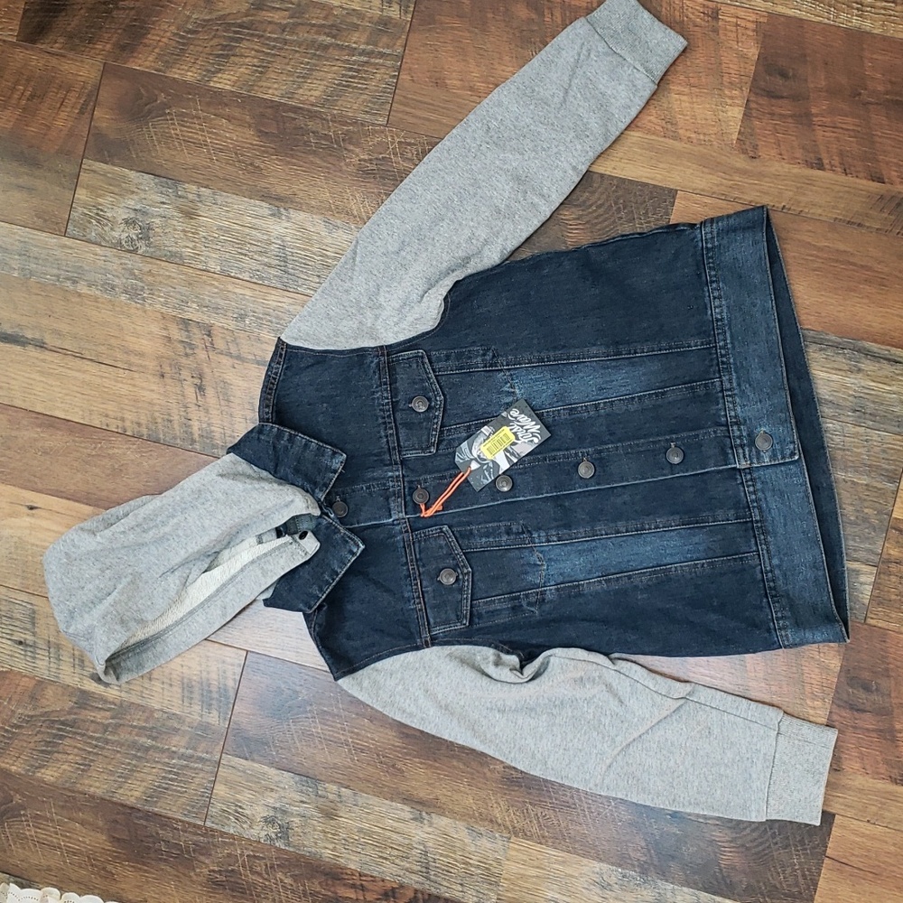 NWT First Wave Denim Jacket with Gray Cotton Sleeves & Detachable Hood, Size 8